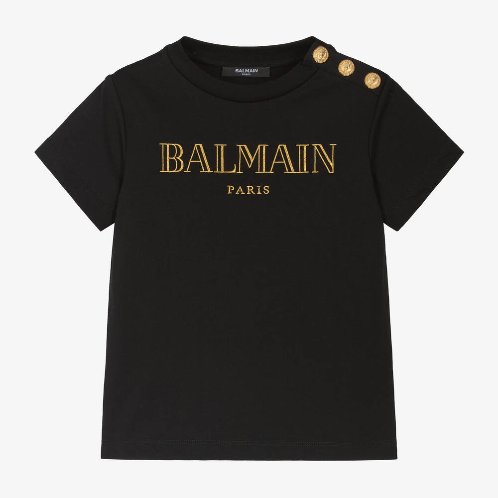 Balmain - Girls Black Cotton T-Shirt | Childrensalon