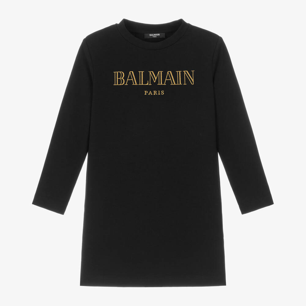 Balmain - Girls Black Embroidered Cotton Jersey Dress | Childrensalon