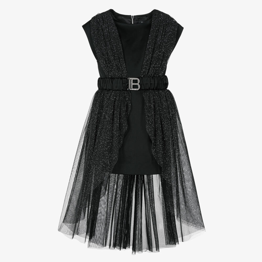 Balmain Kids' Girls Black Glitter Tulle Dress