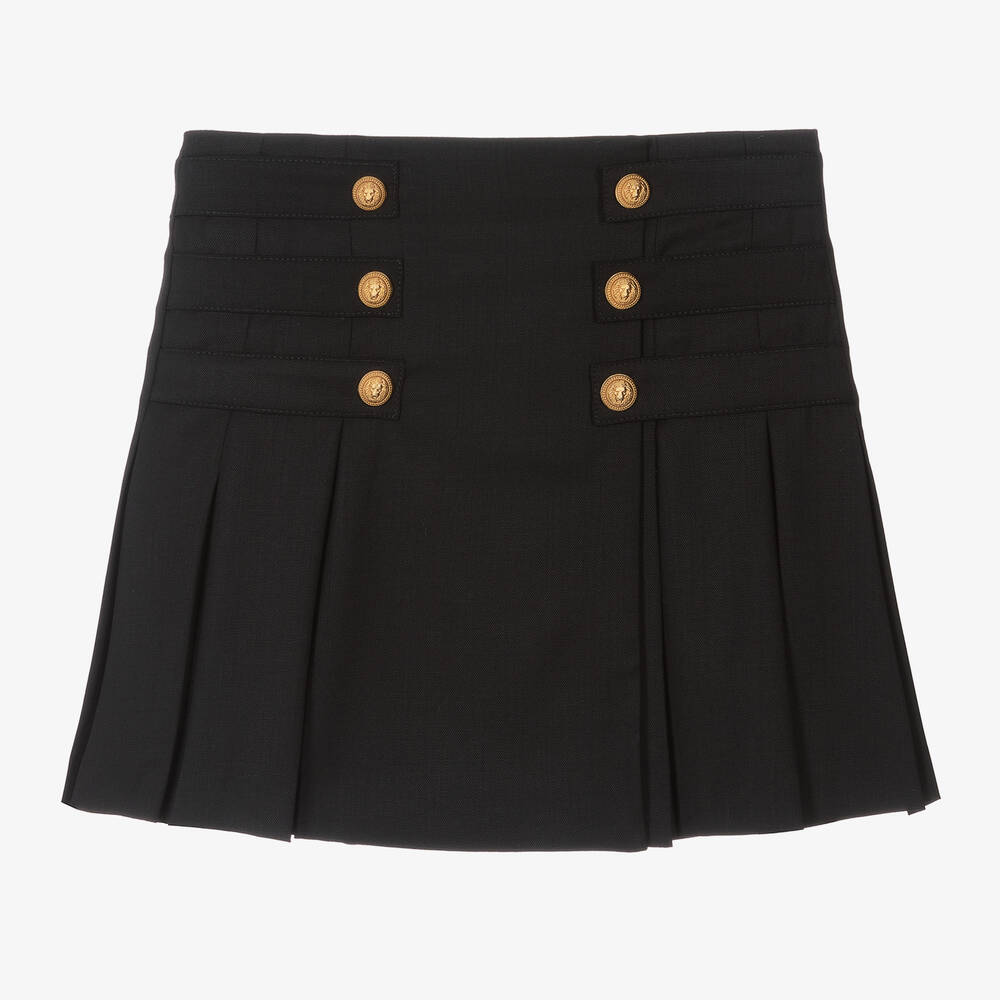 Shop Balmain Girls Black Wool Pleated Skirt