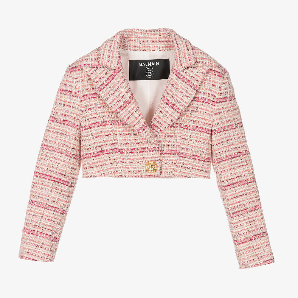 Balmain - Girls Pink Tweed Cropped Blazer | Childrensalon