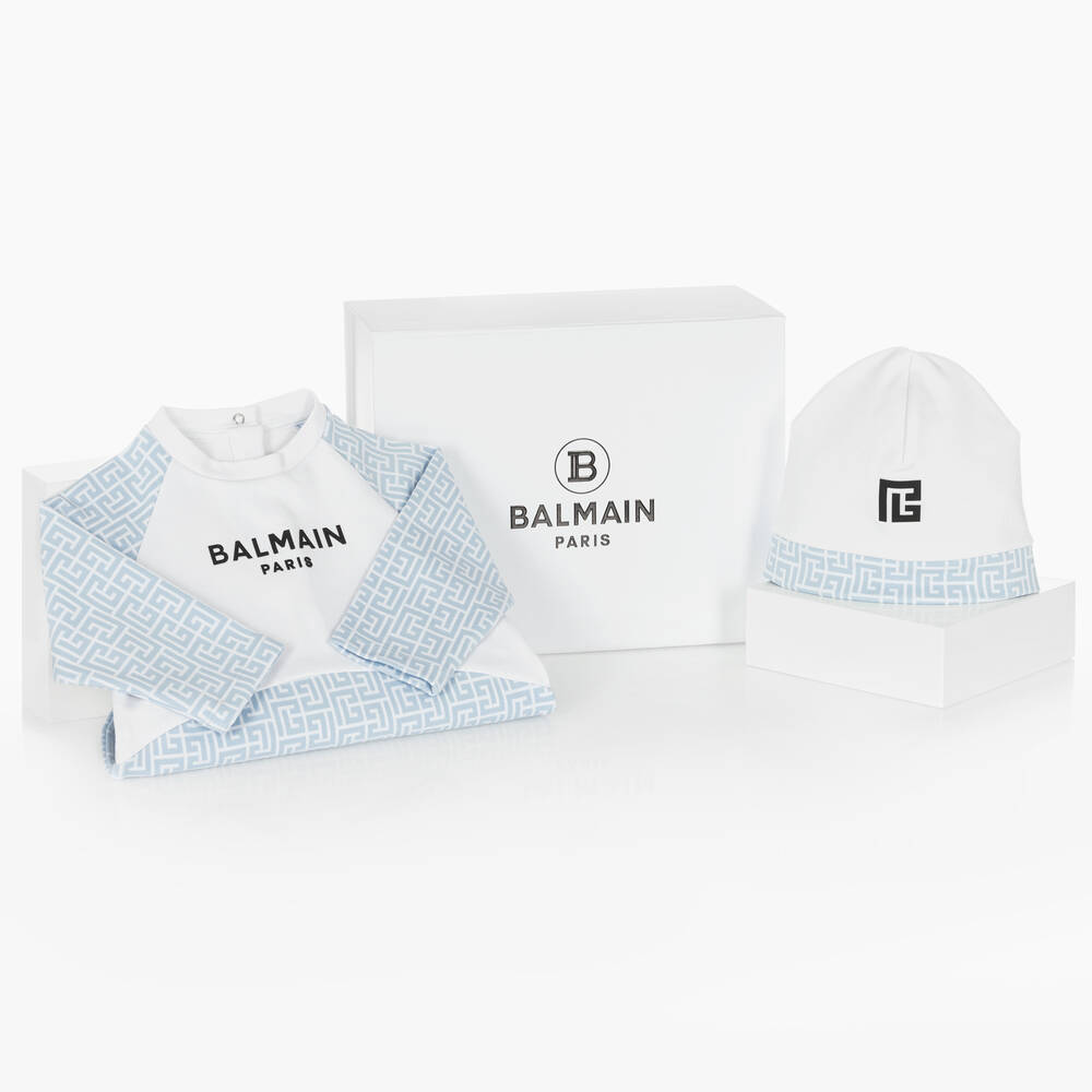 Balmain - Girls White & Blue Cotton Babygrow Gift Set | Childrensalon