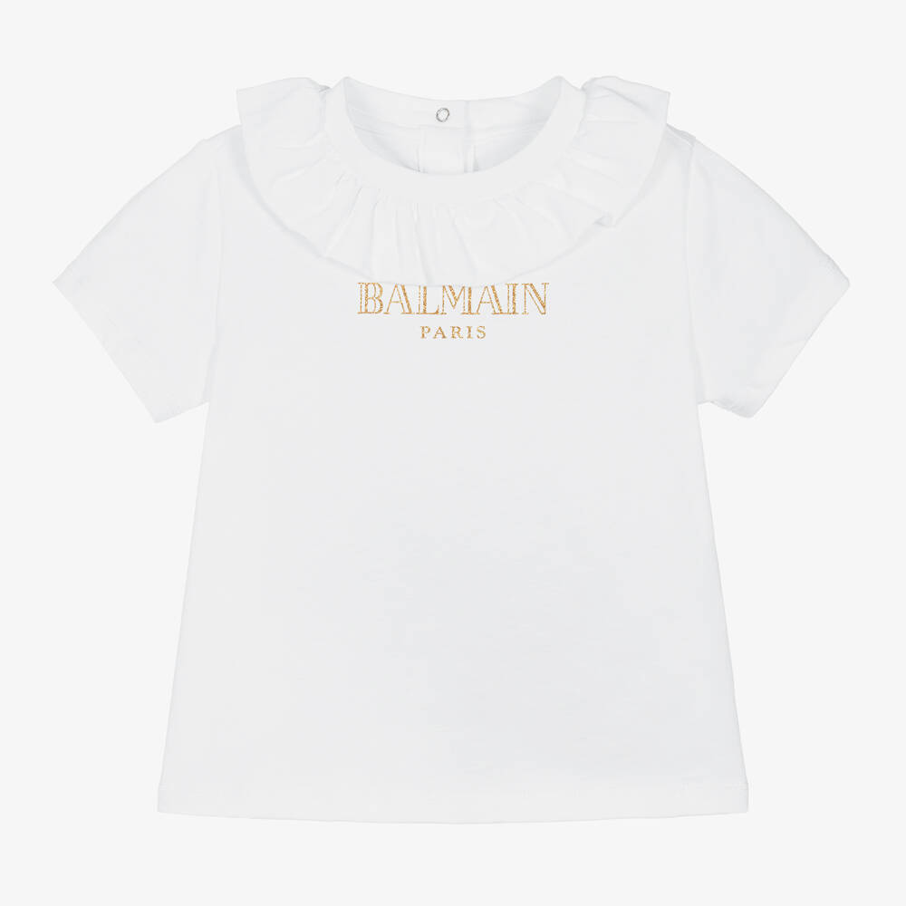 Balmain - Girls White Cotton Collared T-Shirt | Childrensalon