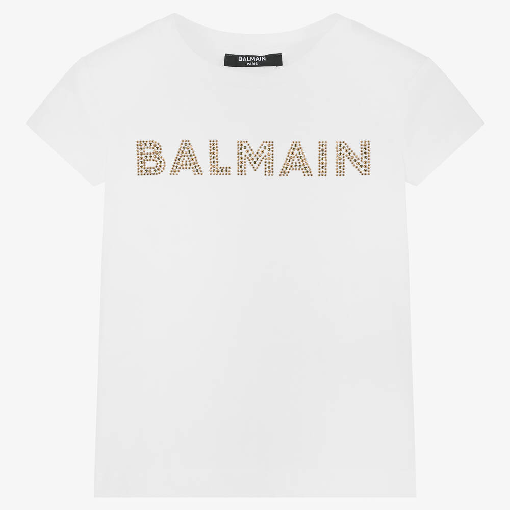 Balmain - Girls White Cotton Diamanté T-Shirt | Childrensalon