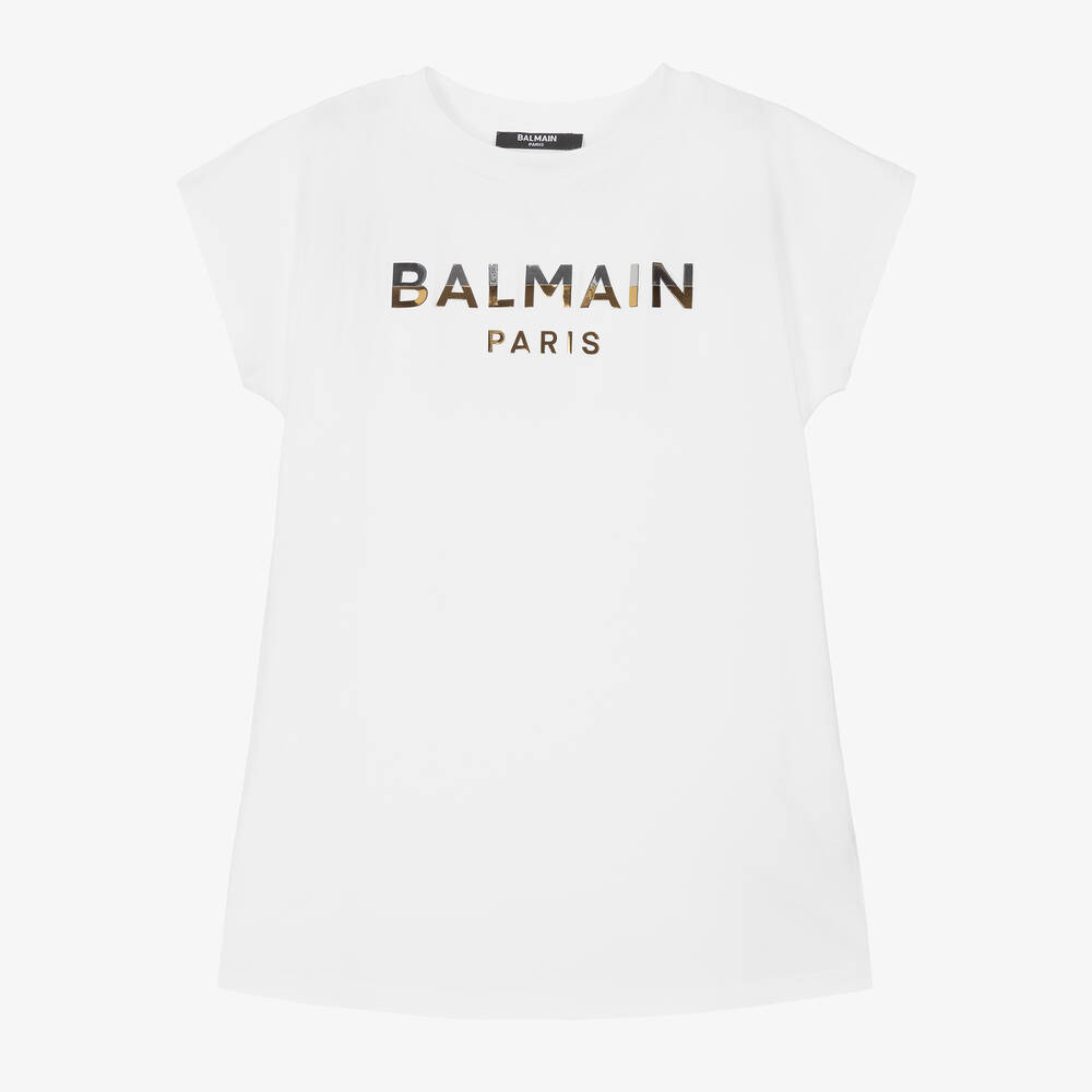 Balmain - فستان تيشيرت قطن جيرسي لون أبيض | Childrensalon