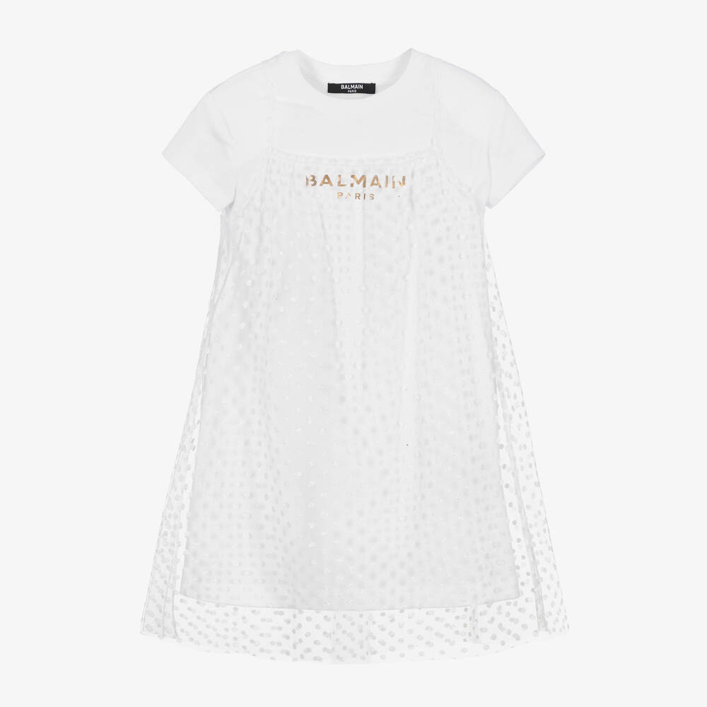 Balmain - Белое платье из хлопка и тюля для девочек  | Childrensalon