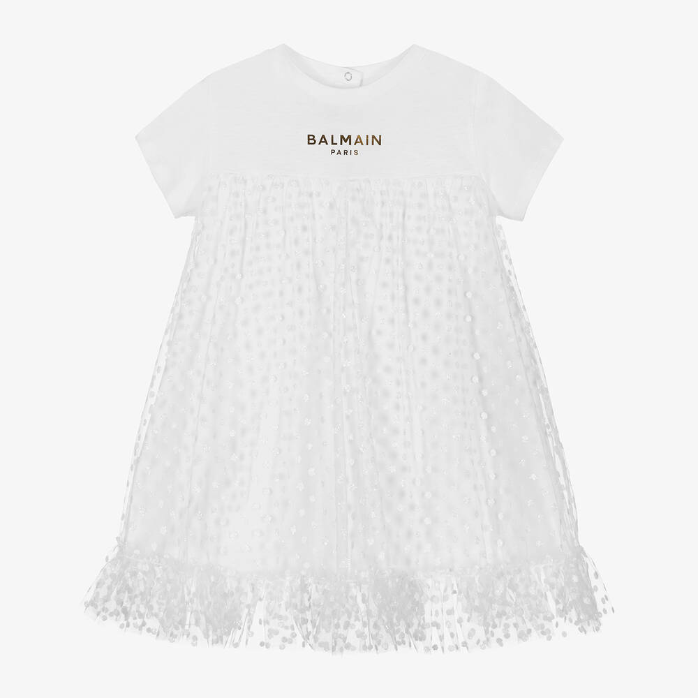 Balmain Babies' Girls White Cotton & Tulle Dress