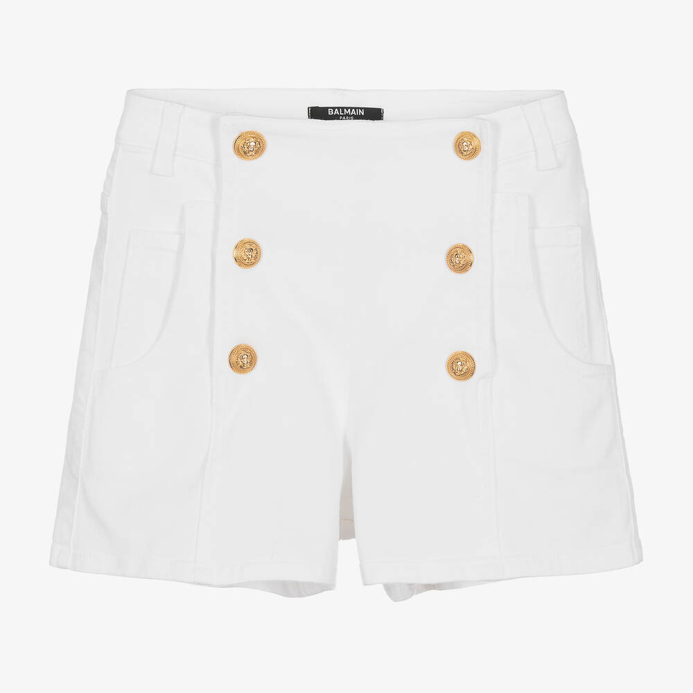Shop Balmain Girls White Cotton Twill Shorts