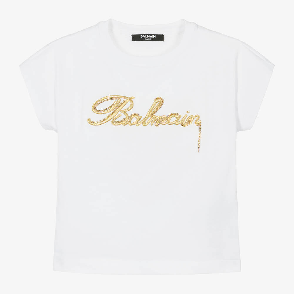 Balmain - Girls White Embroidered Cotton T-Shirt | Childrensalon