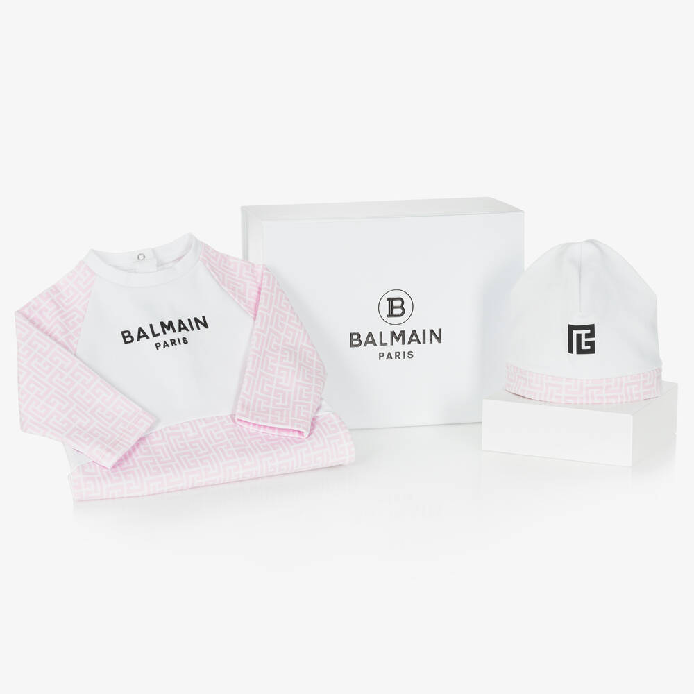 Balmain - Girls White & Pink Cotton Babygrow Gift Set | Childrensalon