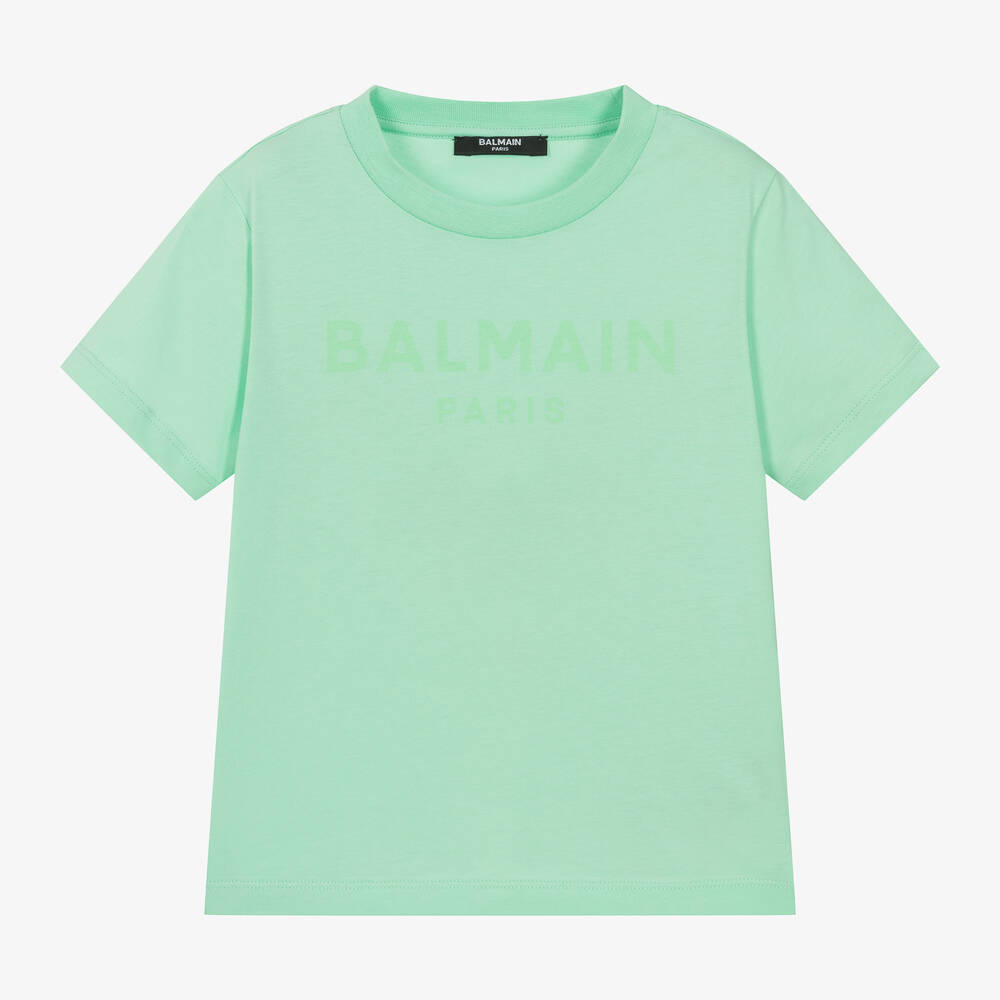 Shop Balmain Green Cotton Tonal-graphic T-shirt