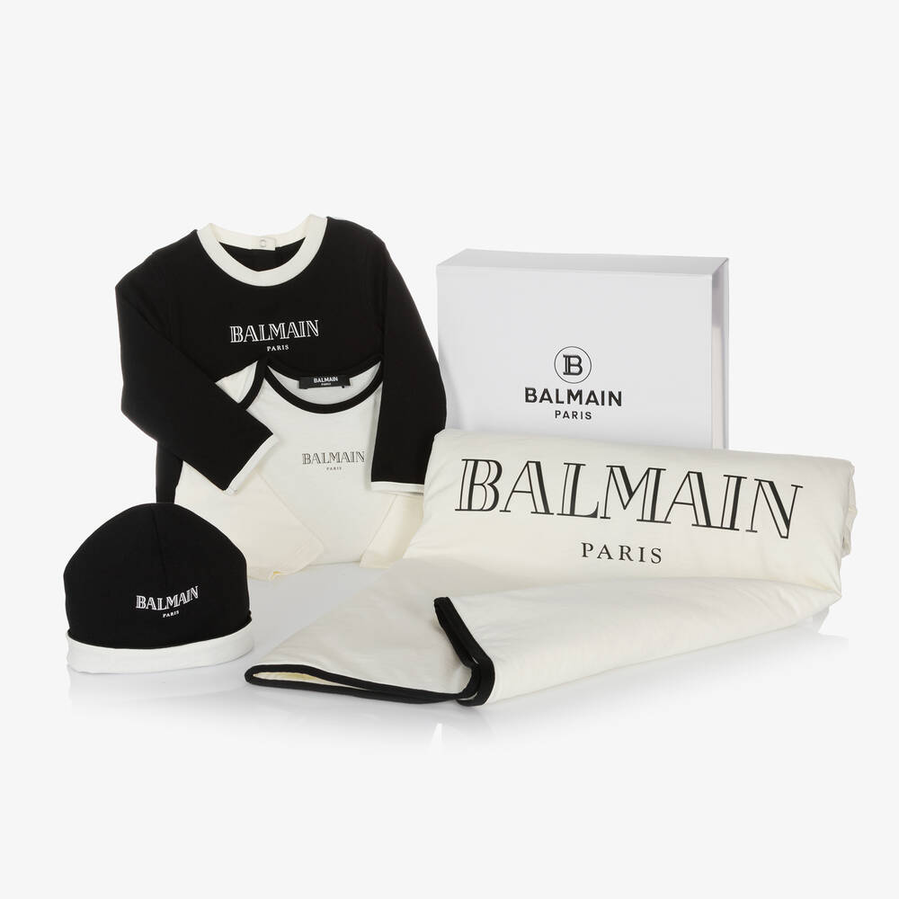 Balmain - طقم هدية أفرول قطن جيرسيى لون أسود وعاجي للأطفال | Childrensalon