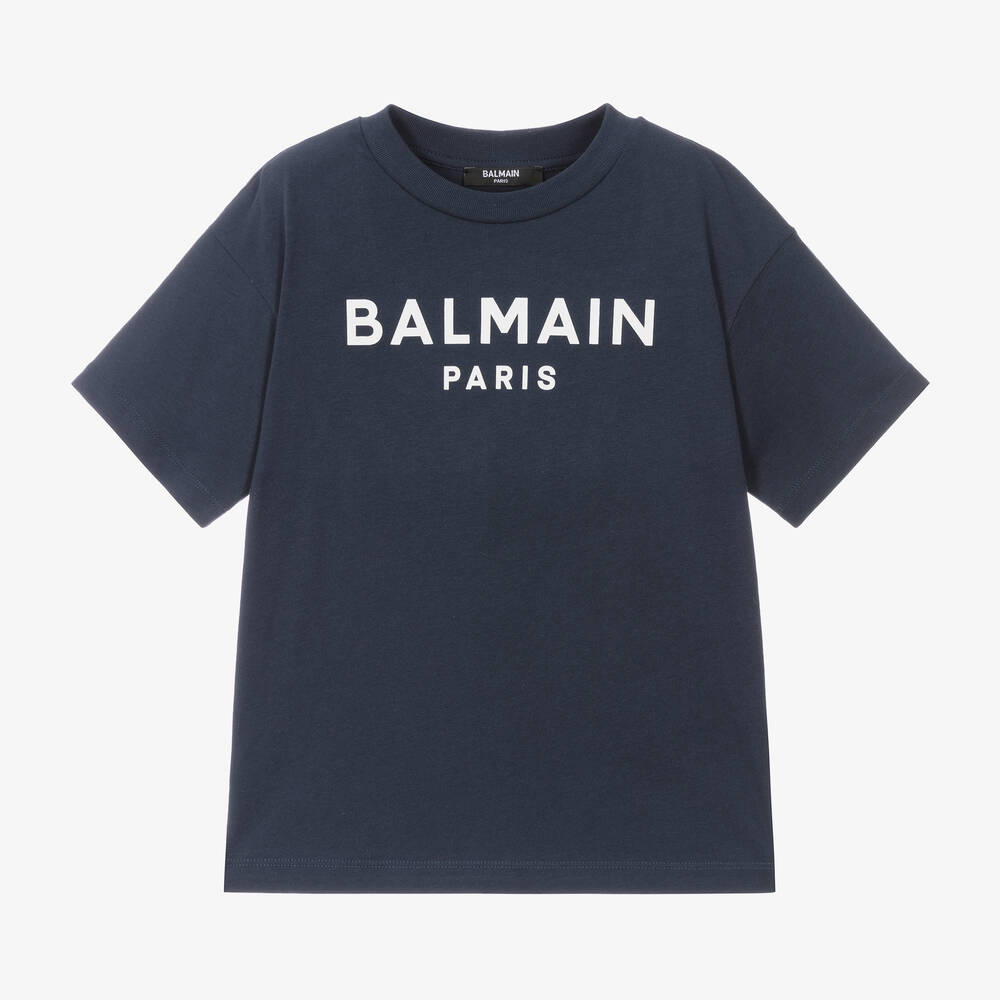 Balmain - Navy Blue Paris Cotton T-Shirt | Childrensalon