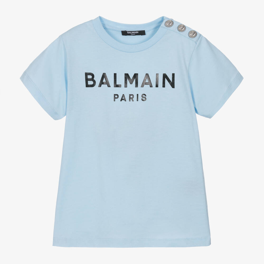 Balmain - Pale Blue Balmain Paris Cotton T-Shirt | Childrensalon