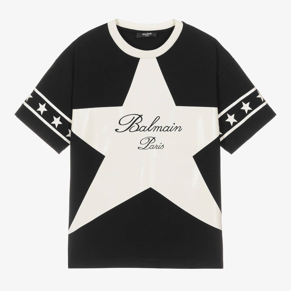Balmain - تيشيرت بطبعة نجوم قطن لون أسود | Childrensalon