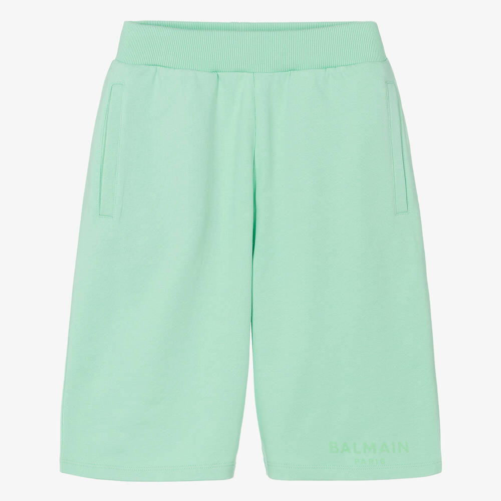 Shop Balmain Teen Boys Green Cotton Shorts