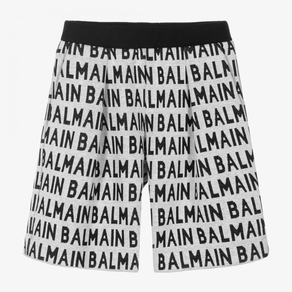 Balmain Kids' Boy's Pleated Logo-print Shorts In Grey