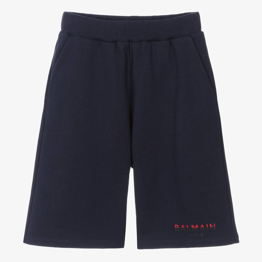 Shop Balmain Teen Boys Navy Blue Cotton Shorts