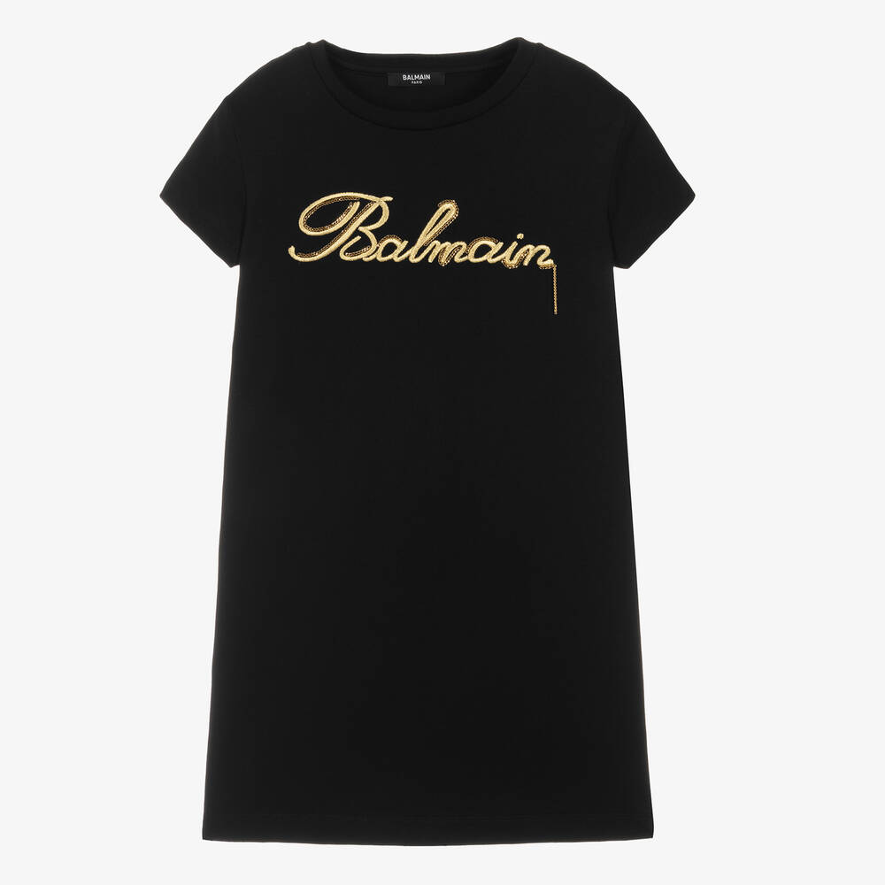 Balmain Teen Girls Black Embroidered Cotton Dress