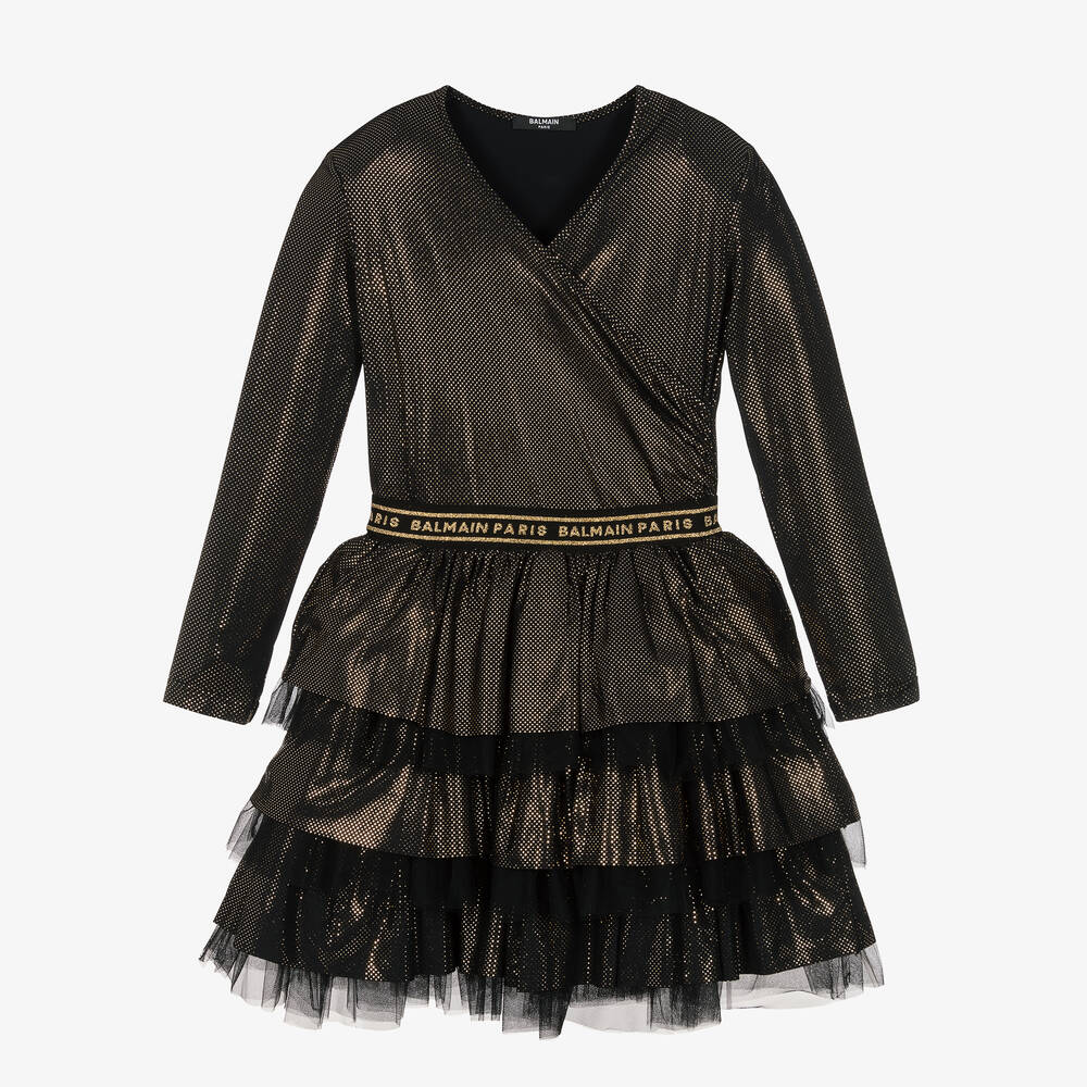 Balmain - Teen Girls Black & Gold Tulle Dress | Childrensalon