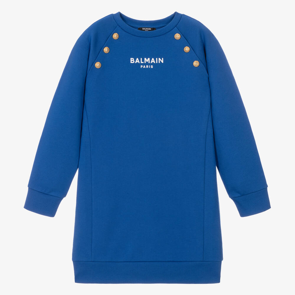 Balmain Teen Girls Blue Cotton Logo Sweatshirt Dress
