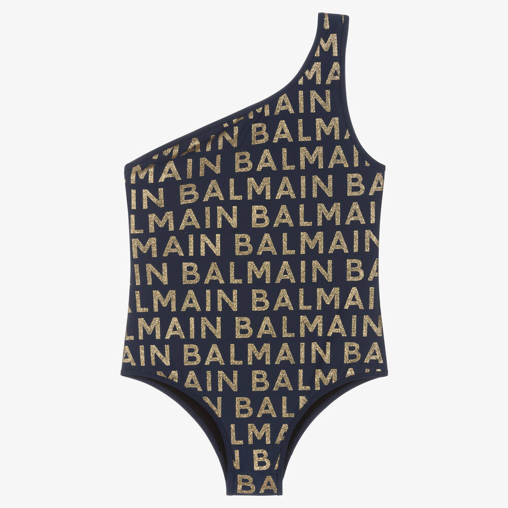 Balmain - Teen Girls Blue & Gold Logo Swimsuit | Childrensalon