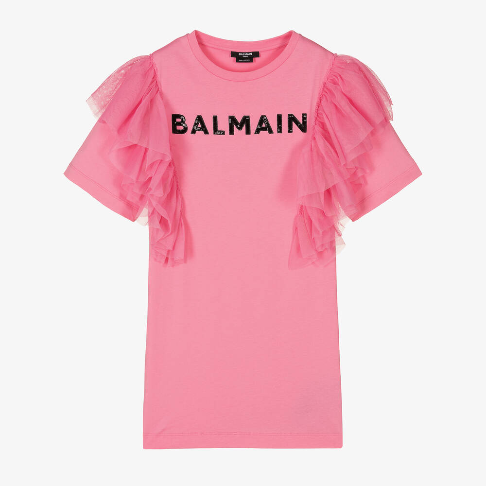 Balmain Teen Girls Pink Cotton Logo Dress In Fuchsia