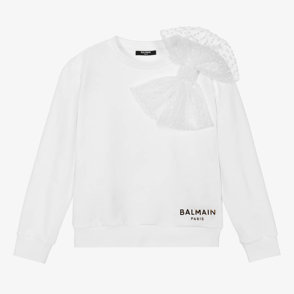 Balmain Teen Girls White Bow Cotton Sweatshirt