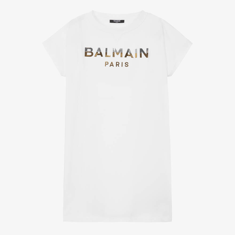 Balmain - فستان تيشيرت قطن جيرسي لون أبيض للمراهقات | Childrensalon