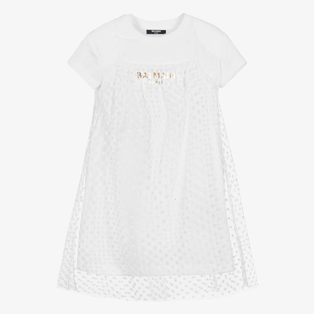 Balmain - Белое платье из хлопка и тюля для девочек-подростков  | Childrensalon