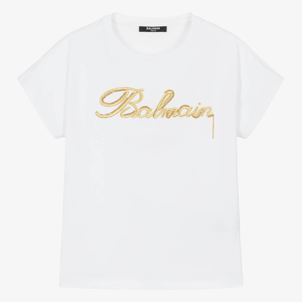 Balmain - Teen Girls White Embroidered Cotton T-Shirt | Childrensalon