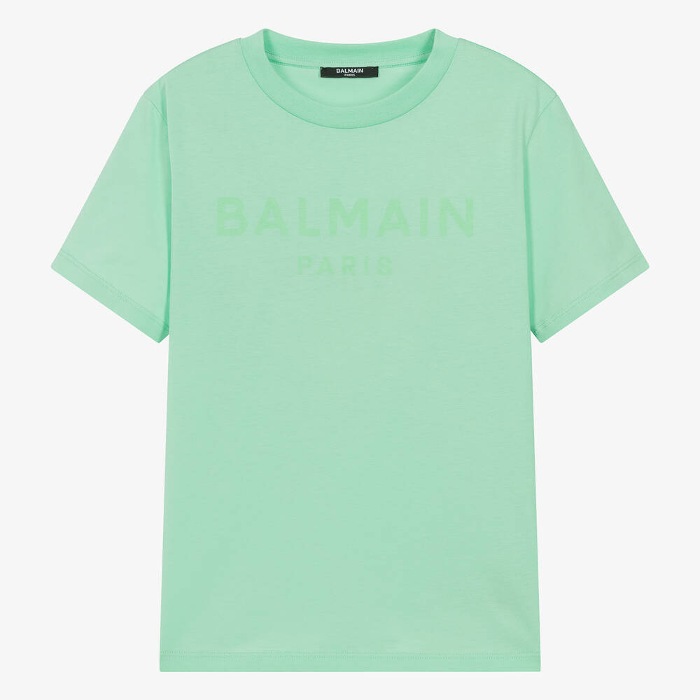 Shop Balmain Teen Green Cotton Tonal-graphic T-shirt