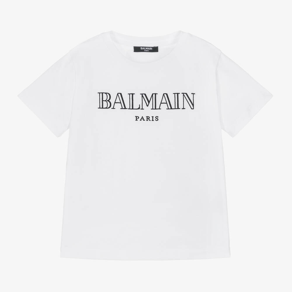 Balmain - White Cotton Embroidered T-Shirt | Childrensalon