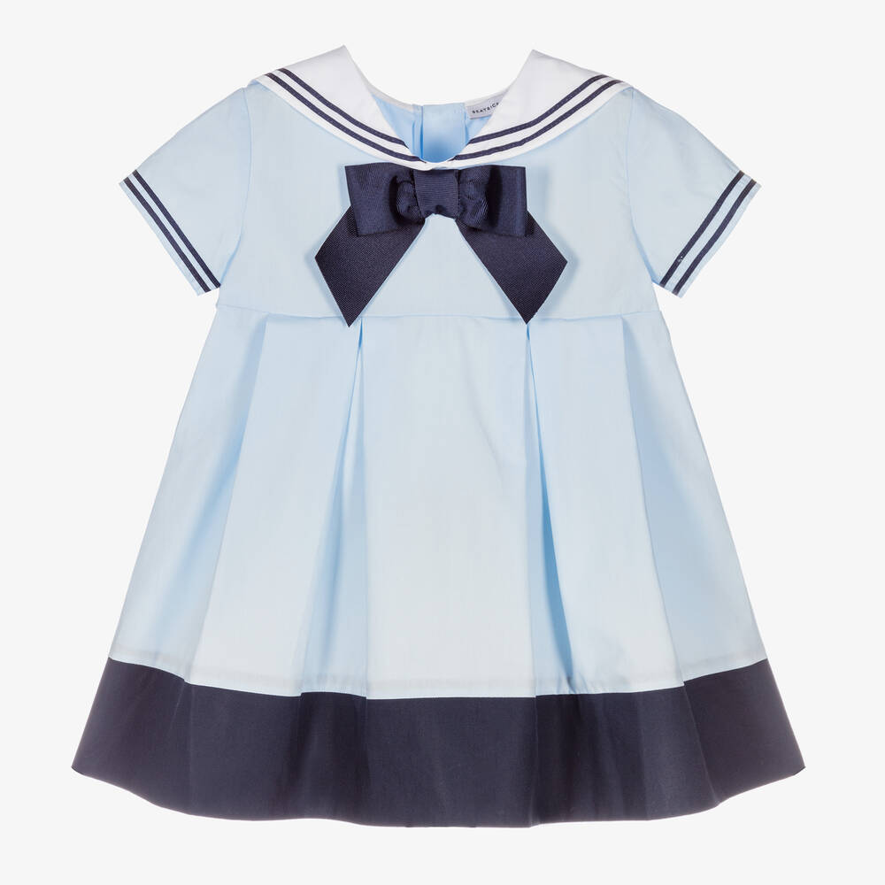 Beatrice & George - طقم فستان أطفال بناتي قطن بوبلين لون أزرق | Childrensalon
