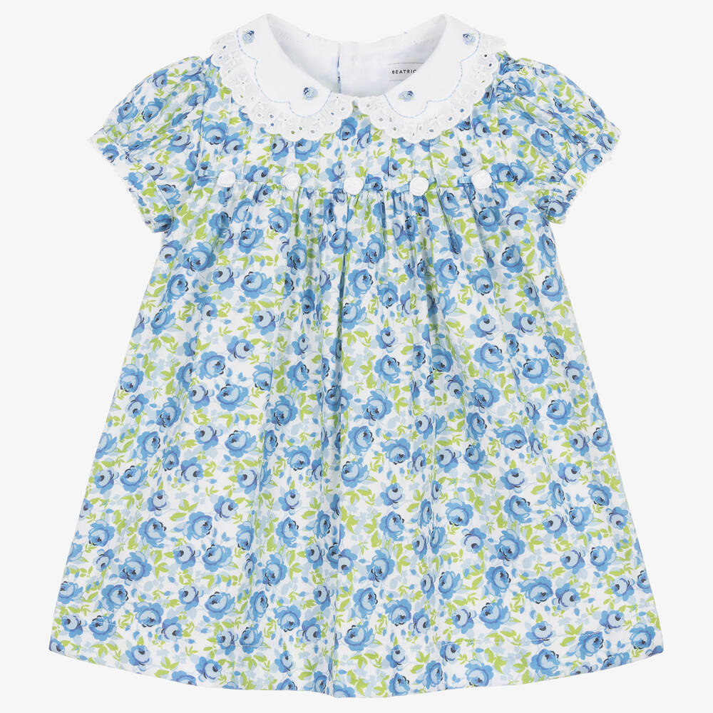 Beatrice & George - Baby Girls Blue Floral Cotton Dress  | Childrensalon