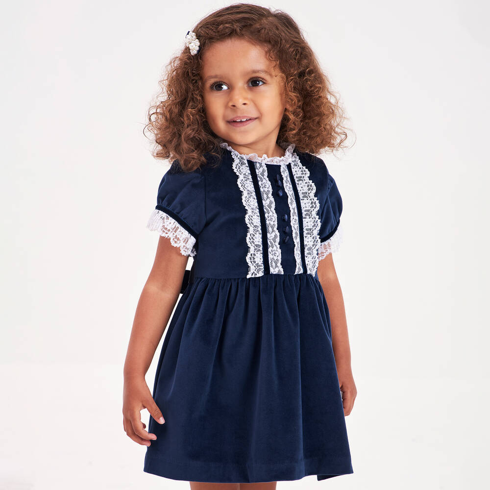 Beatrice & George-Baby Girls Blue Velvet & Lace Dress  | Childrensalon