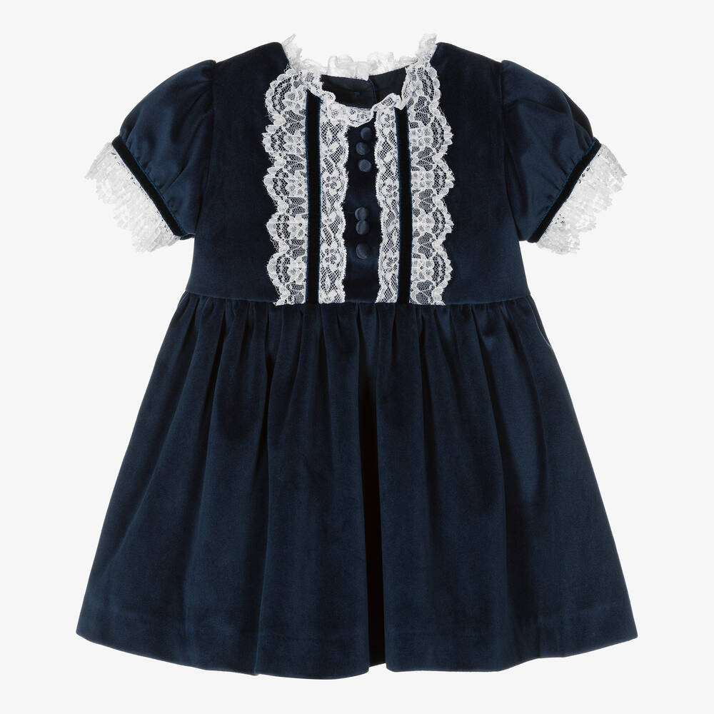 Beatrice & George - Baby Girls Blue Velvet & Lace Dress  | Childrensalon