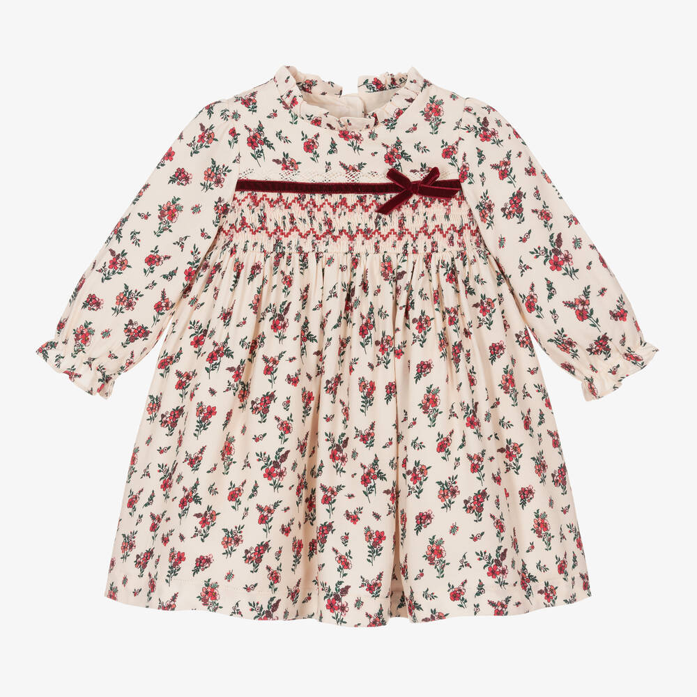 Beatrice & George - Baby Girls Ivory & Red Smocked Floral Dress | Childrensalon