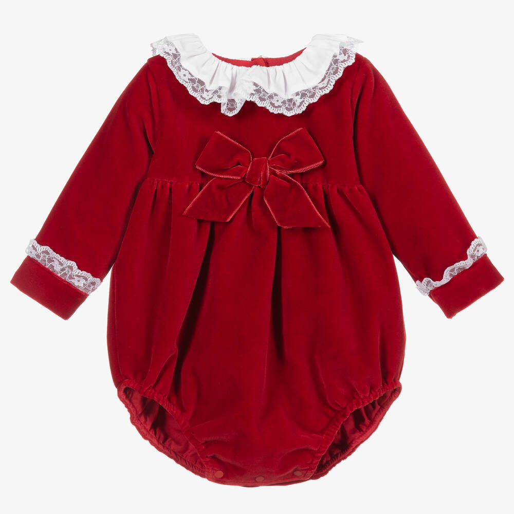 Beatrice & George - Barboteuse rouge en velours bébé fille | Childrensalon