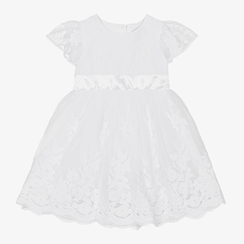 Beatrice & George - Baby Girls White Embroidered Tulle Dress  | Childrensalon