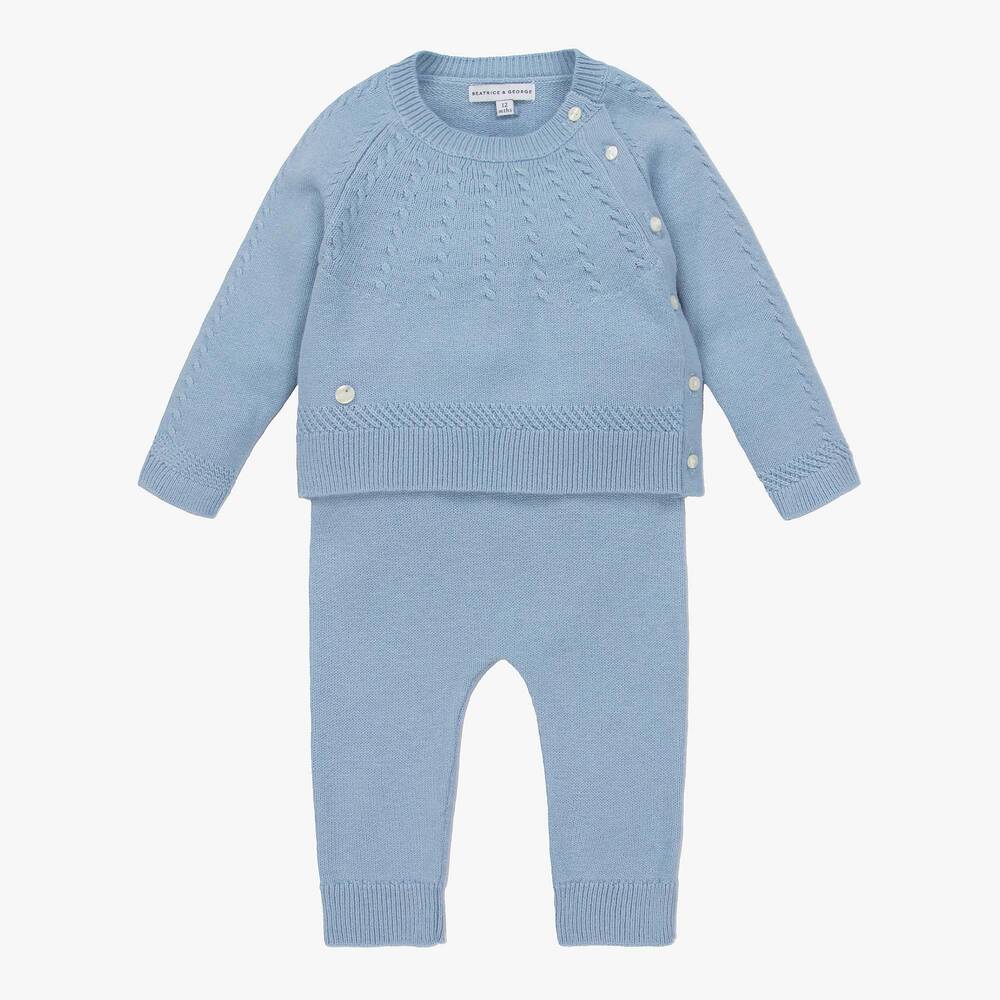 Beatrice & George - Blue Knitted Wool & Cotton Trouser Set | Childrensalon