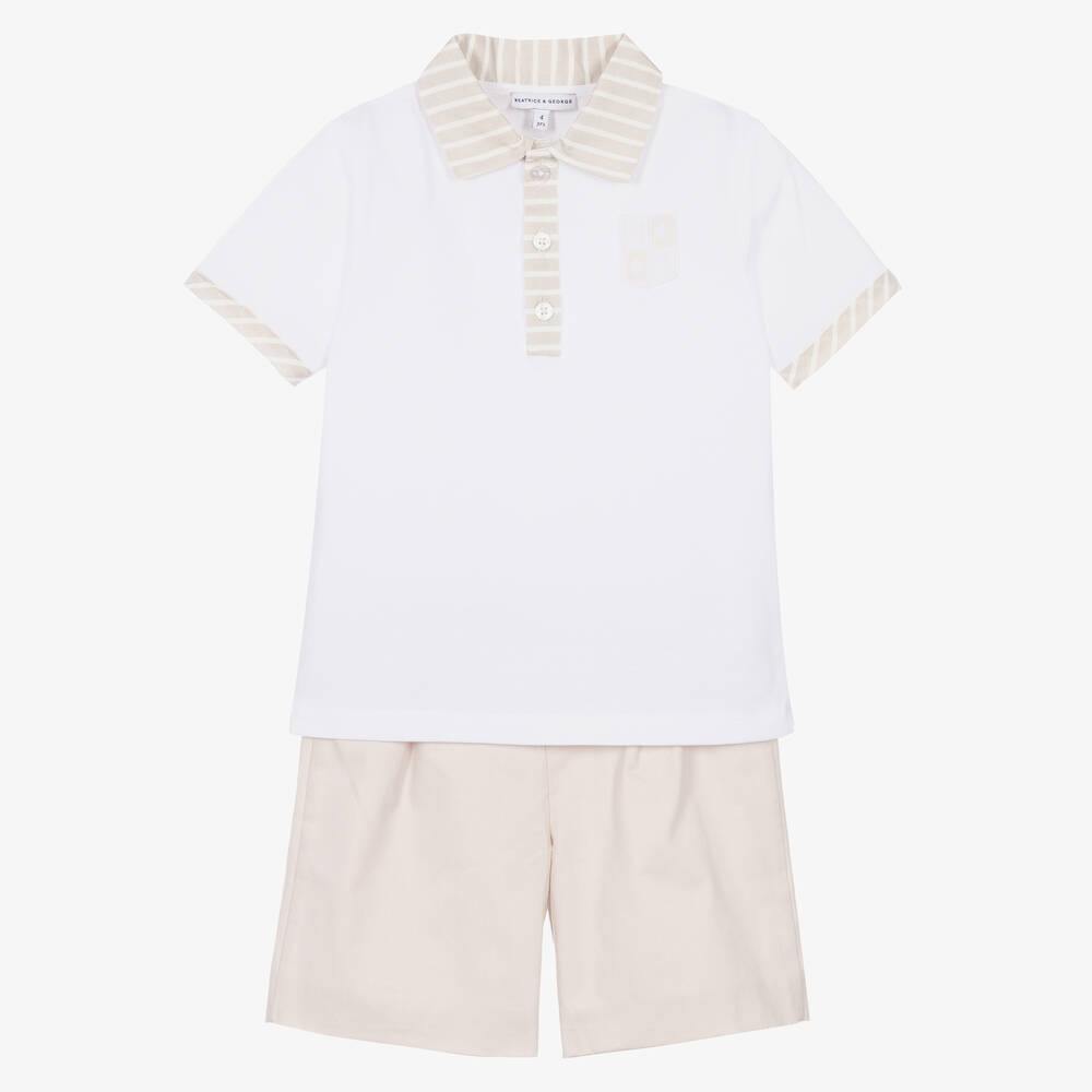 Beatrice & George - Белая рубашка поло и бежевые шорты из хлопка | Childrensalon