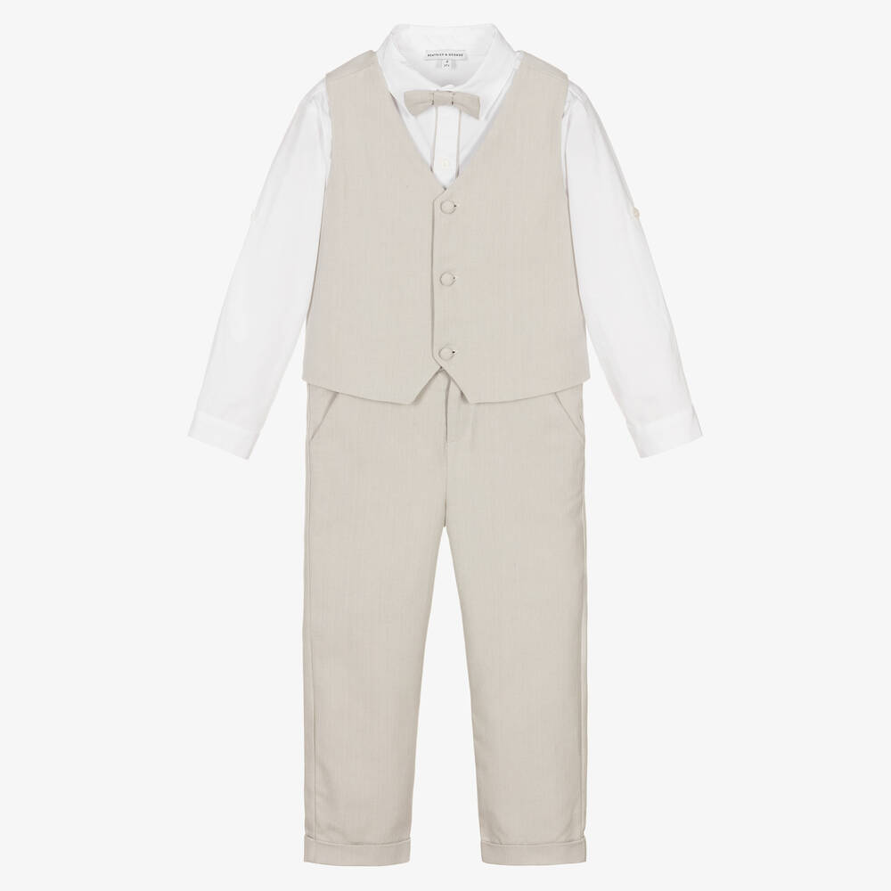 Beatrice & George - Boys Beige Herringbone Cotton Trouser Suit | Childrensalon
