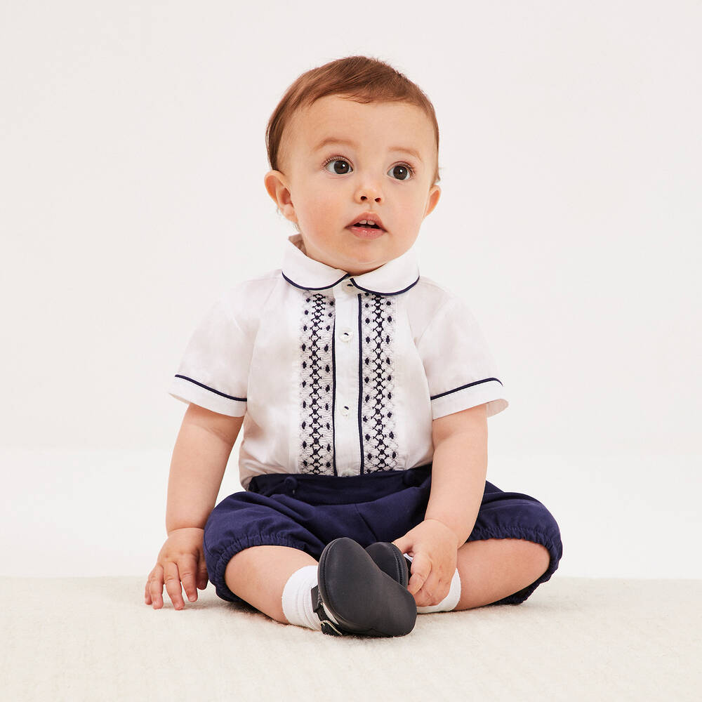 Beatrice & George-Boys Blue Cotton Hand-Smocked Buster Suit | Childrensalon