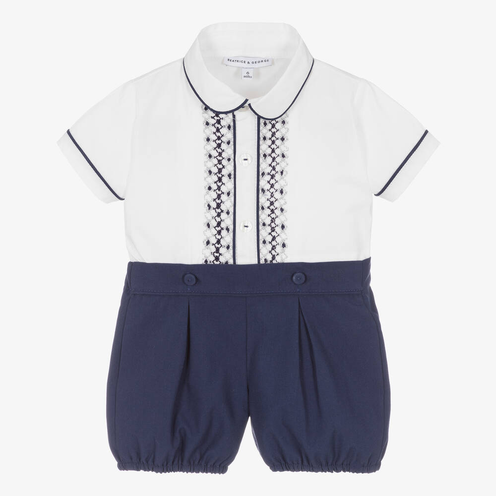 Beatrice & George - Boys Blue Cotton Hand-Smocked Buster Suit | Childrensalon