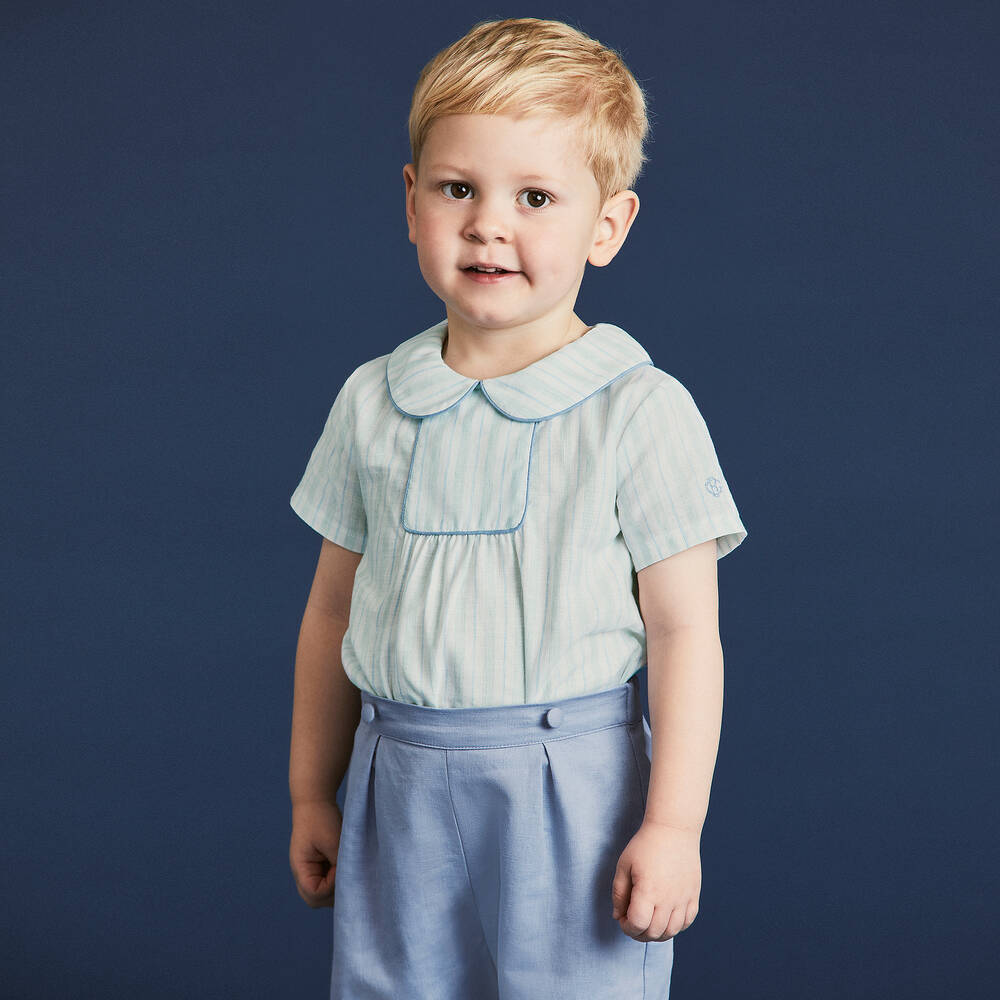 Beatrice & George-Boys Blue Cotton & Linen Buster Suit | Childrensalon