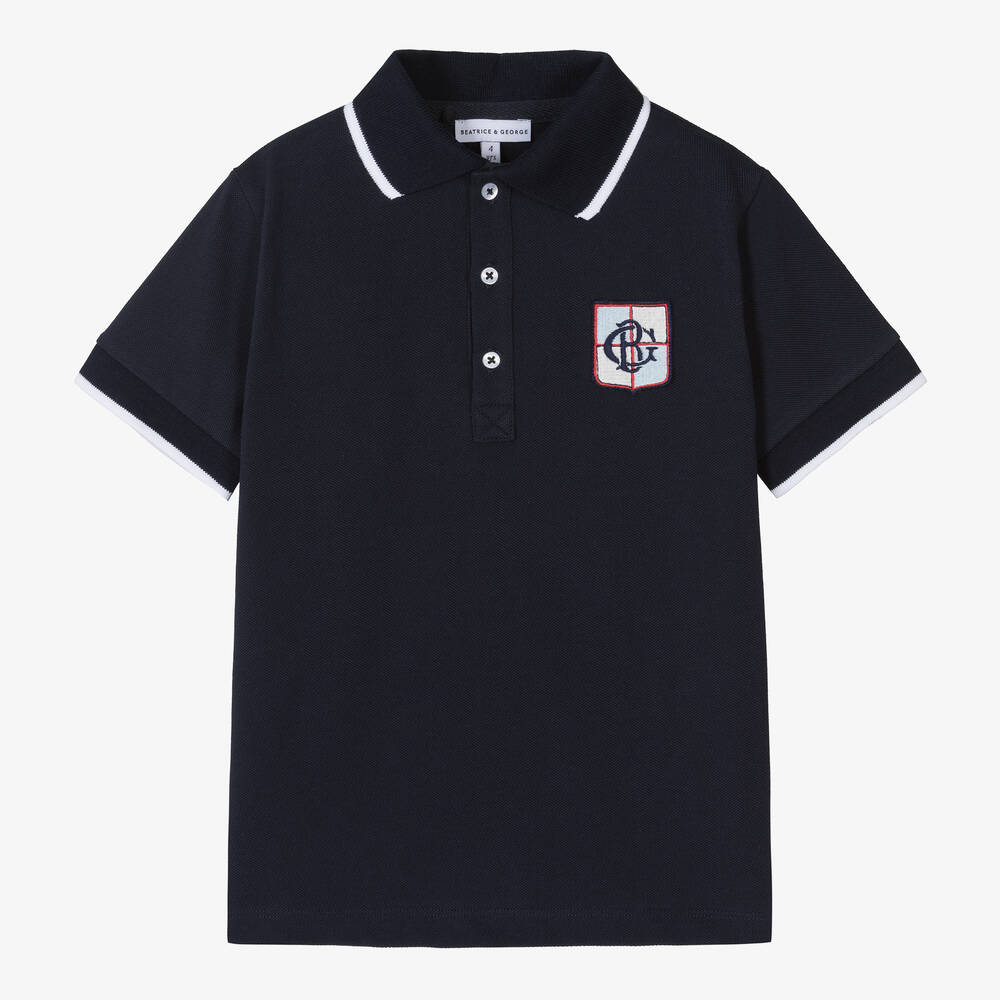 Beatrice & George - Boys Blue Cotton Piqué Crest Polo Shirt | Childrensalon