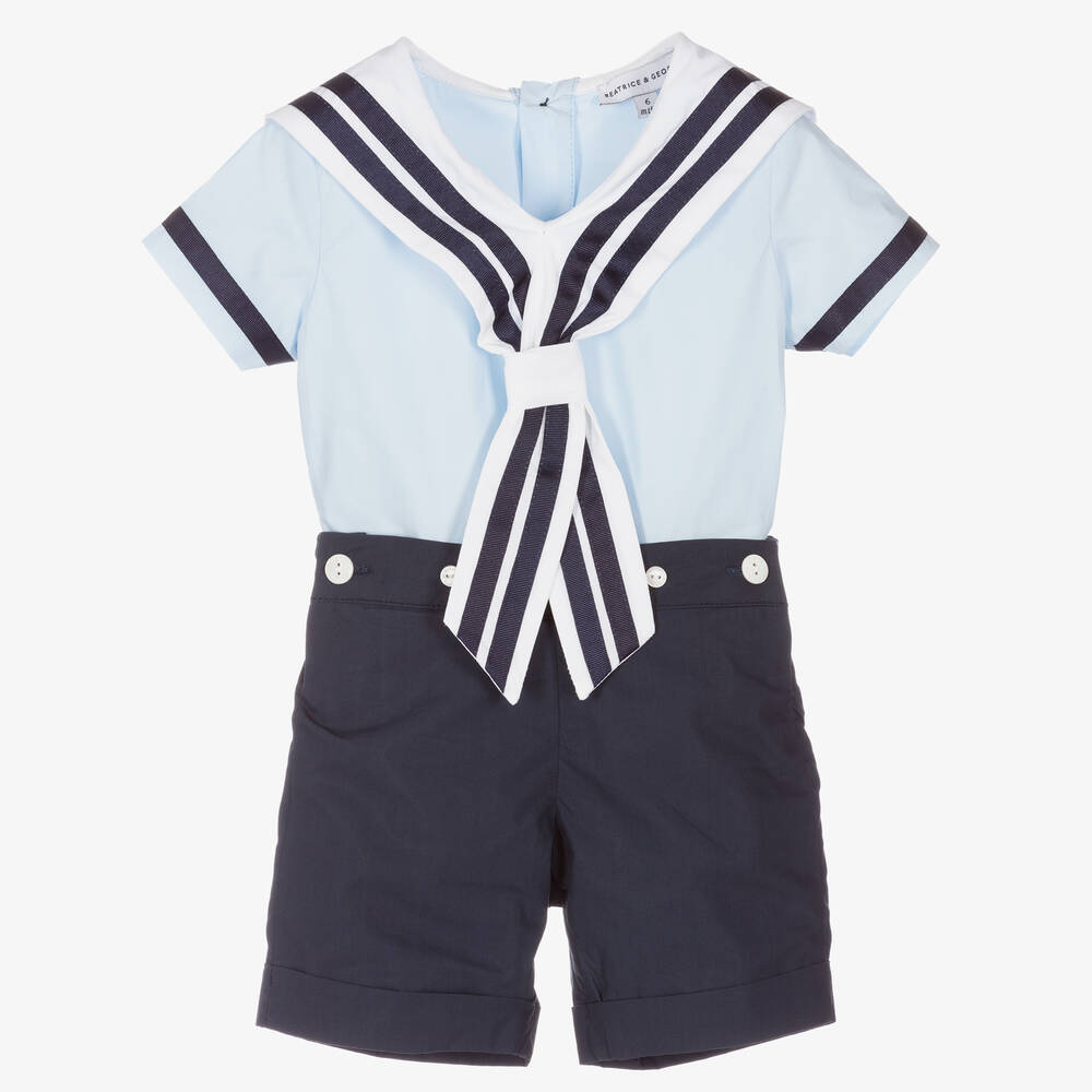 Beatrice & George - Boys Blue Cotton Sailor Buster Suit | Childrensalon