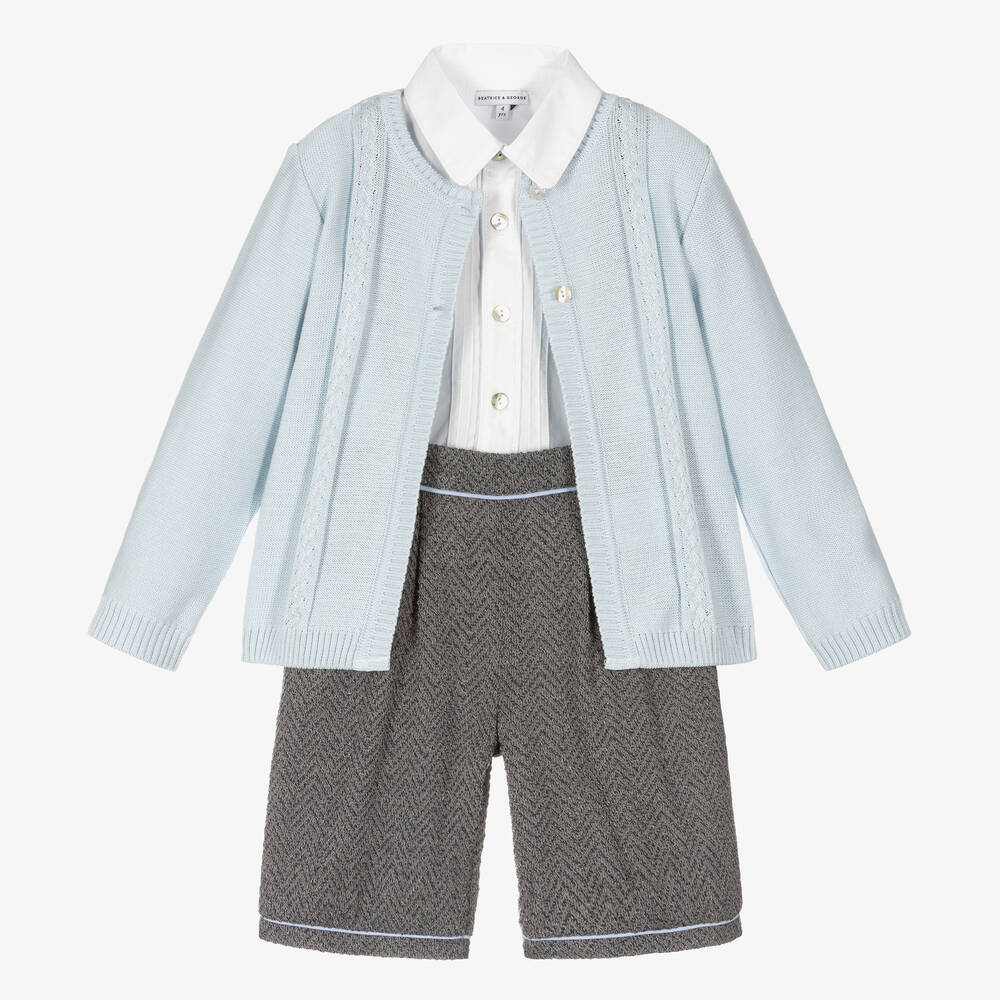 Beatrice & George - Boys Blue & Grey Knitted Shorts Set | Childrensalon