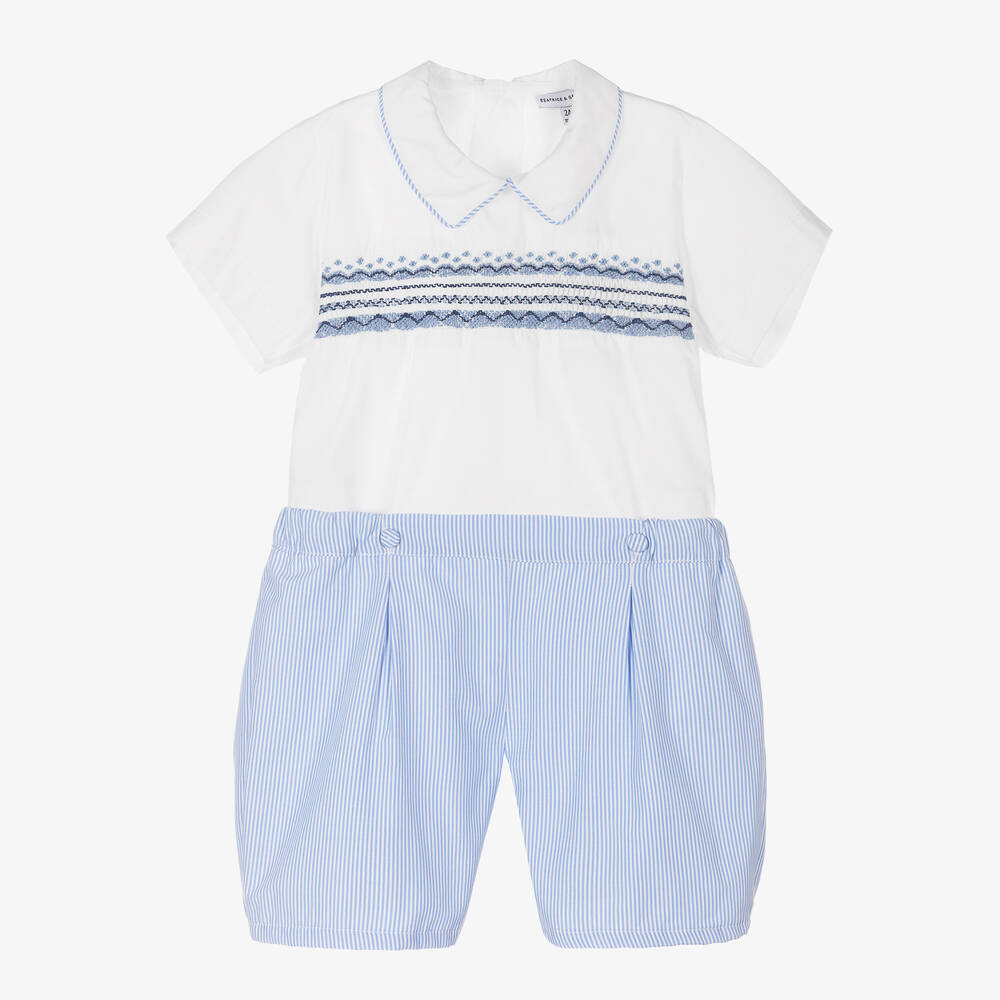 Beatrice & George - Boys Blue Hand-Smocked Cotton Buster Suit | Childrensalon